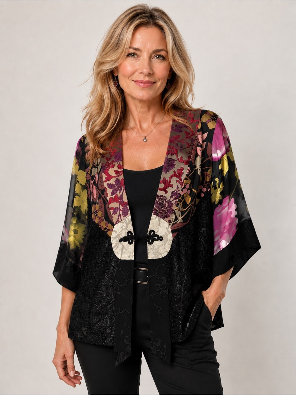Spencer Alexis Kimono Jacket Women Size XL Mixed Media Patchwork Lace Boho Artsy